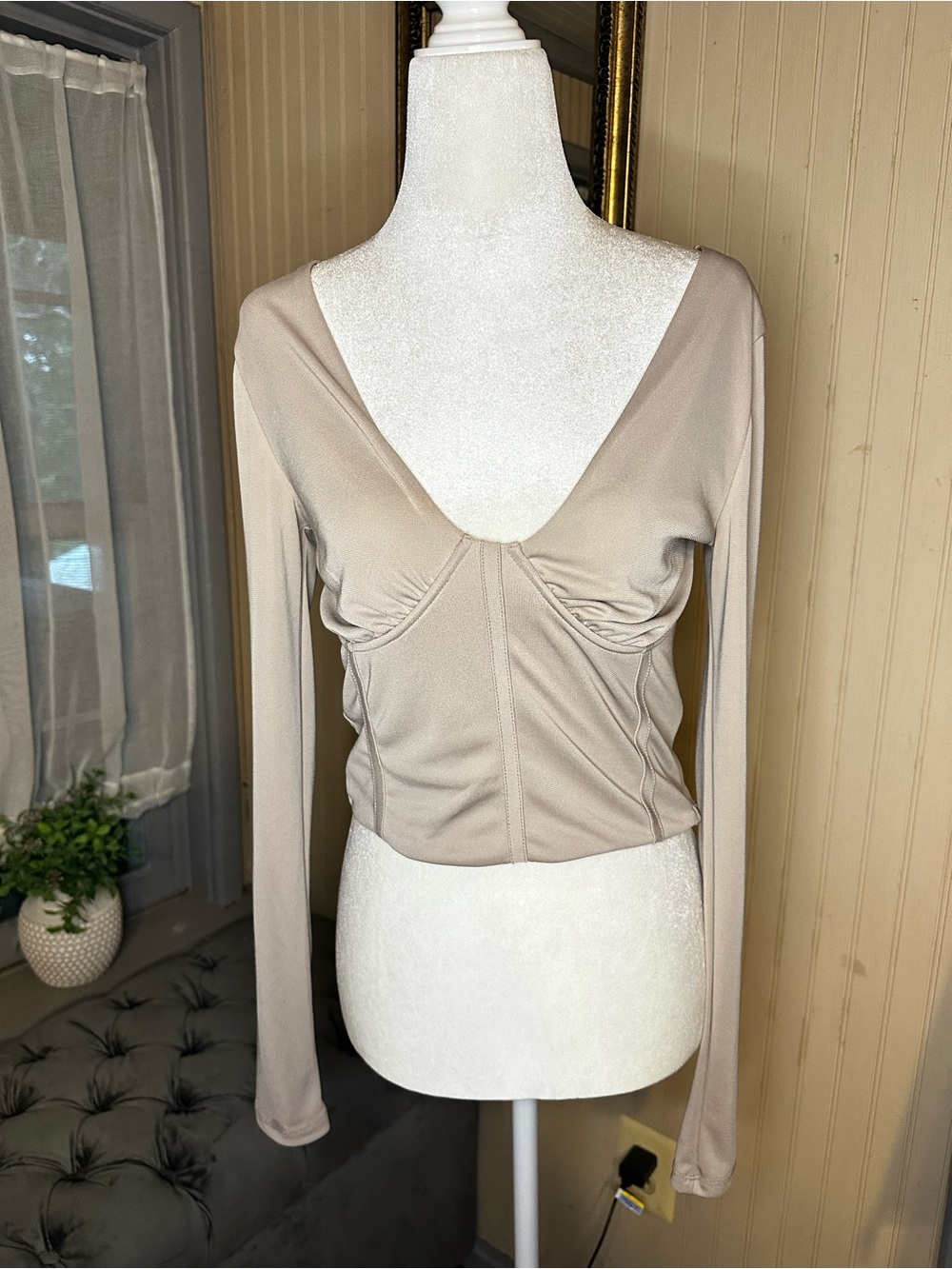 Forever 21 Taupe Corset Top Long Sleeve Bustier Ruched Y2K Going Out
